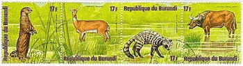 ブルンジ（Burundi）・1975年アフリカの動物シリーズ　Otter：プレイリードッグ、Reed buck：リードバック（カモシカ）Indian civet：ジャコウネコ、Cape buffalo：アフリカスイギュウ