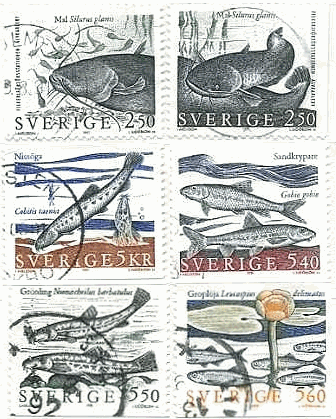スウェーデンの淡水魚（ナマズ、ドジョウ、ハゼ　他）　切手