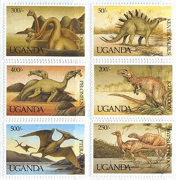ウガンダの恐竜切手　50sh：ケントロサウルス、200sh：イグアノドン、250sh：ハイプシロホドン、300sh：ブラチオサウルス、400sh：ペロネウスツ､500sh：プテラノドン