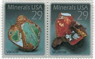 アメリカ発行　バリシア石,モリブデン鉱,藍銅鉱,銅鉱石　鉱物　切手　原石