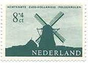 オランダの風車の切手　6C：北オランダの干拓地の製粉用風車、8C：南オランダの同型、12C：郵便・製粉用風車、30C：典型的なオランダ風車（wip mill）