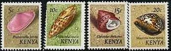ケニアの貝切手シリーズ　５ｃ：morning pink、１０ｃ：チョウセンフデガイ（朝鮮筆Episcopal Miter）、１５ｃ：コガタナツモモガイ（Minute Strawberry Top）、２０ｃ：ハチジョウダカラ（Cypraea mauritiana）