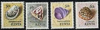 ケニアの貝切手シリーズ　３０ｃ：アワビ（abalone）、４０ｃ：Flame-top shell、５０ｃ：Violet sailor、６０ｃ：マンボウガイ（Bull's mouth Helmet） 