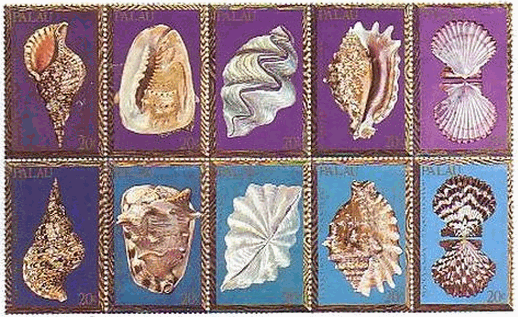 ほら貝（Triton Trumpet）、トウカムリ（Horned Helmet）、オオシャコガイ（Giant clam）、laciniate conch、チサラガイ(Royal Cloak Scallop)　パラオの貝　切手