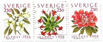 スウェーデンのクリスマス切手の花（1990年）　クリスマスローズ、クリスマスサボテン、ツツジ