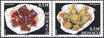 モナコの料理とデザート（2005年、Barbagiuans、ニース風ピザパイ、果実のパイ、デザート）