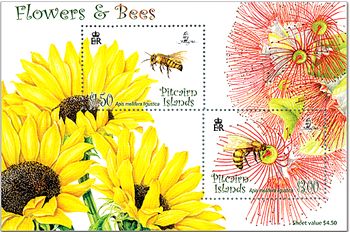 花とハチ小型シート(英領ピトケアン諸島、2008年）花の蜜を集めるセイヨウミツバチのイタリアン種（Apis mellifera ligustica)。