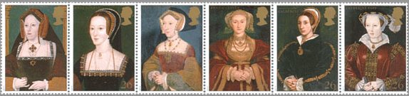 ヘンリー８世と６人の妻(ホルバインが描いたものと思われる）　妻は左から王の肖像、キャサリン王妃、アン・ブーリン、セイモア、アン、ハワード、パー