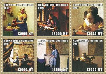 "Milkmaid", "Woman in Blue Reading a Letter", "Woman with a Lute near a Window", "The Allegory of Painting", "The Geographer", and "The Lacemaker". itF[̊Gj