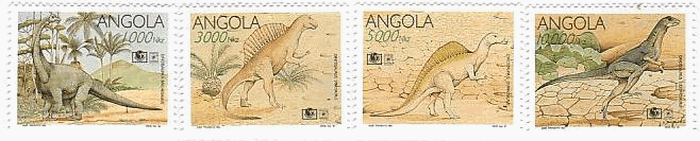 アンゴラの恐竜（1990年）　左から、ブラチオサウルス（Brachiosaurus）、スピノサウルス(Spinosaurus)、オウラノサウルス(Ouranosaurus)、レソトサウルス(Lesothosaurus）