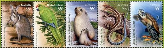 絶滅危惧動物（オーストラリア/ノーフォーク島、2008）タヅナツメオワラビー、ノーフォークインコ、アナンキョクオットセイ(ノーフォーク島)、アオバラヨシノボリ、アオウミガメ