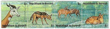 ブルンジ（Burundi）・1975年アフリカの動物シリーズ　Dama gazelle：ガゼル、Jackal：黒背ジャッカル、Statungas：、Zebra antelope：アンテロープ