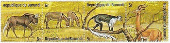 ブルンジ（Burundi）・1975年アフリカの動物シリーズ　White-tailed gnu：ヌー、African wild asｓes：、Colobus monkey：白黒のコロバス・サル、Gerenuk：ガゼルの一種