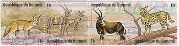 ブルンジ（Burundi）・1975年アフリカの動物シリーズ　Fennec：フェネックギツネ、Lesser kudus：クドゥ、Blesbok：ブレスボック（ｱﾝﾃﾛｰﾌﾟ）、Serval：サーバル（ネコ属）