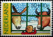 部屋をのぞく、ロバと牛（オランダ、クリスマス切手）