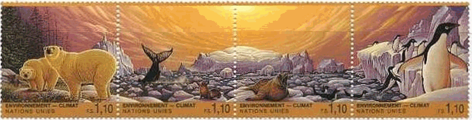 環境の趨勢（国連、1993年）　切手　白熊、鯨、ゾウアザラシ、ペンギン　温暖化