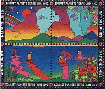 地球サミット（国連、1992年）　気象の切手　虹、雲で描かれた顔、２つの小船、傘を持つ女性