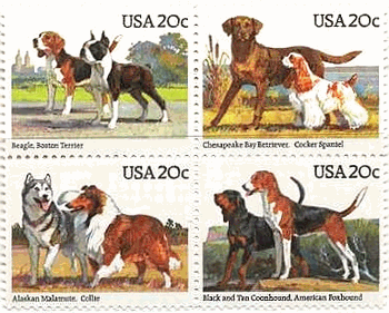 ビーグルとボストン・テリア、チェサピーク・ベイ・リトリーバとコッカー・スパニエル、アラスカン・マラミュートとコリー、ブランックアンドタン・クーンハウンドとアメリカン・フォックスハウンド（アメリカ、１９８４年）　犬の切手