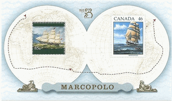 カナダ　マルコポーロ　帆船　小型シート　変形　切手