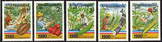 中南米・ドミニカ共和国の収穫風景（コーヒー豆,プランテーン,サトウキビ,トウモロコシ)　とうもろこし　玉蜀黍　コーン　切手　農業