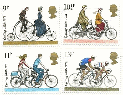 イギリスの自転車　切手　歴史　オーディナリー型自転車　ペニー・ファージングと安全自転車/1920年の自転車/現在の自転車/競争用自転車