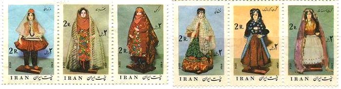 イラン　女性の衣装　コスチューム　民族衣装　髪飾り　ケルマンシャハ地方の女、ファース地方の女、トルキャマンサロ地方の女、ファース地方の女、マザンダラニ地方の女、サナンダジ地方の女
