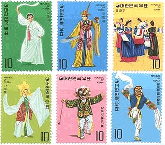 韓国　民族衣装　チョゴリ　正装　切手　ナビ・チュム（蝶の踊り）、トンネ･ヤーユー、ポンサン地方の仮面劇　サルプリ（巫女の踊り）、ムーダン・チュム　
