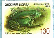 韓国　切手　両生類　かえる　カエル　蛙　金線蛙(Rana　plancyi　Lastaste､日本名なし。韓国の内蔵山生態情報には、“朝鮮トノサマガエル”)