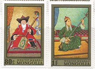 モンゴル　音楽　モリンホール(馬頭琴）、シャンズ（モンゴルの三味線）　楽器　切手