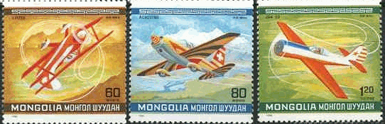モンゴルの飛行機　６０："Pits"（カナダ）、８０："Acrostar"（スイス）１２０：JAK-50（ソ連）