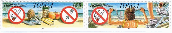 トンガの「健康とフィットネス（禁煙、禁ドラッグ）」　運動　食事　水泳　サイクリング　切手