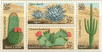 アメリカ　発行　サボテン　砂漠　切手　フェロカクタスの1種,アガーペの1種,オプンティアの1種,セレウスの1種