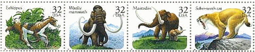 アメリカの古代生物切手　アケボノウマ,マンモス,マストドン,剣歯トラ　