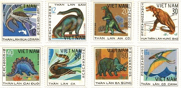 ベトナムの恐竜切手　ディノサウルス、プレシオサウルス、ブロントサウルス、イグアノドン、ティラノサウルス、ステゴサウルス、モササウルス、トリセラトップス、プテラノドン