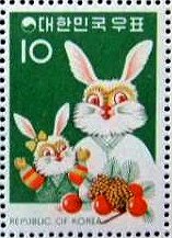 ウサギの親子とフルーツ（韓国、1974年）