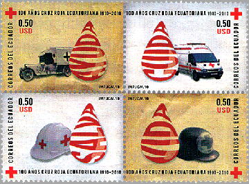 エクアドル 赤十字100年 昔の赤十字車と雫の中に「援助」の文字、現在の赤十字車と「ケア」、現在のヘルメットと「救助」、昔のヘルメットと「命」。 