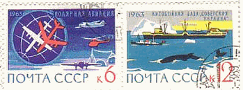ソ連の南極平和利用（地図、雪上車、観測船、ペンギン、クジラ）