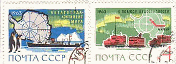ソ連の南極平和利用（地図、雪上車、観測船、ヘリコプター、オーロラ、ペンギン、クジラ）