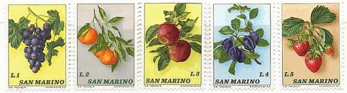 ぶどう(Grape）、タンジェリン（tangerine、みかんの一種）、りんご(Apple）、プラム(Plum）、イチゴ(Strawberry）　サンマリノ