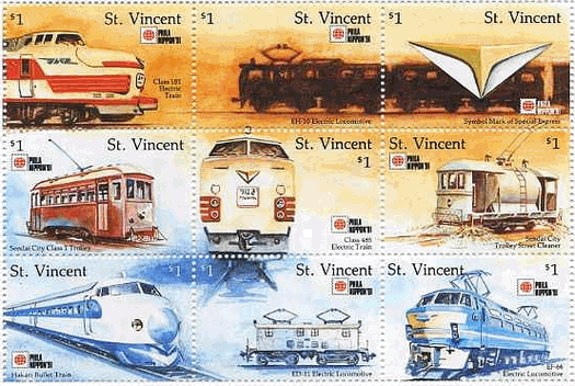 セント・ヴィセントで発行された「日本の列車（Train）」（1991年）　上段左から　Class181電気機関車、EH-10電気機関車､特急のエンブレム、仙台市トロリーClass１、Class485電気機関車（つばさ）、仙台市トロリー路面清掃車、ひかり号、ED-11電気機関車、EF-66電気機関車
