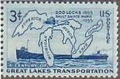 アメリカ　地図　スー水門開通１００年（1955年）　五大湖の地図と汽船