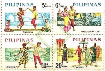 フィリピンのフォークダンスの切手　ティニクリング（鳥の名）踊り（別名:バンブーダンス）、ランプの踊り　パンダンゴ･サ・イロー　あひるの踊り　イティク･イティク、ロックダンス　シングキル