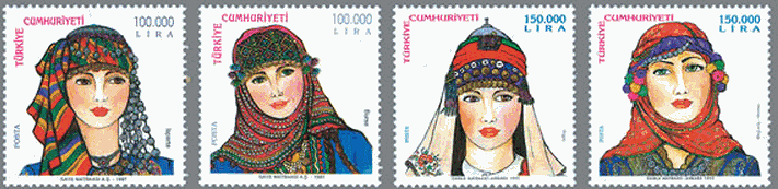 美人　トルコの女性達　民族衣装　髪飾り　1997-2000年発行。ムーラ（花嫁）、マニサ、アマシヤ、アンタリヤほかの地方の頭飾り。ウスパルタ(lsparta)、ブルサ(Bursa)