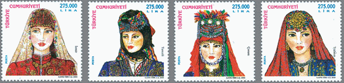 トルコの女性達　民族衣装　髪飾り　美人　1997-2000年発行。ムーラ（花嫁）、マニサ、アマシヤ、アンタリヤほかの地方の頭飾り。