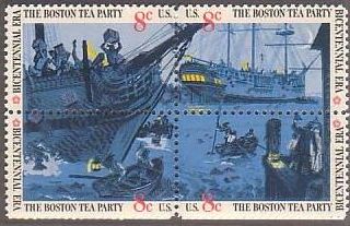 左の切手はアメリカで発行されたボストン茶会事件の模様を表した切手です。
