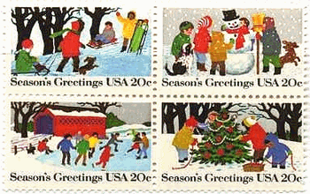 アメリカ合衆国のクリスマス切手　雪だるま　スキー　雪合戦