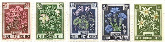 オーストリアの花（1948年）　ツツジ属の花木(Rhododendron)、ヨーロッパノイバラ(Dogrose)、シクラメン(Cyclamen)、アルプス･リンドウ（Alpine gentian）、エーデルワイス(Edelweiss)