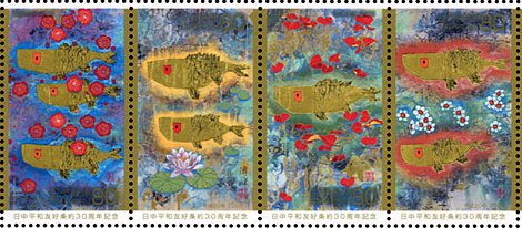  繁栄と発展の象徴「魚水情・四季」(王伝峰 画) 中国では　繁栄･発展の象徴である「魚」と春夏秋冬を表す「梅」「睡蓮」「紅葉」「水仙」
