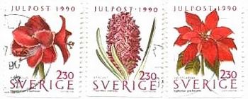 スウェーデンのクリスマス切手の花（1990年）　アマリリス、ヒヤシンス、ポインセチア
