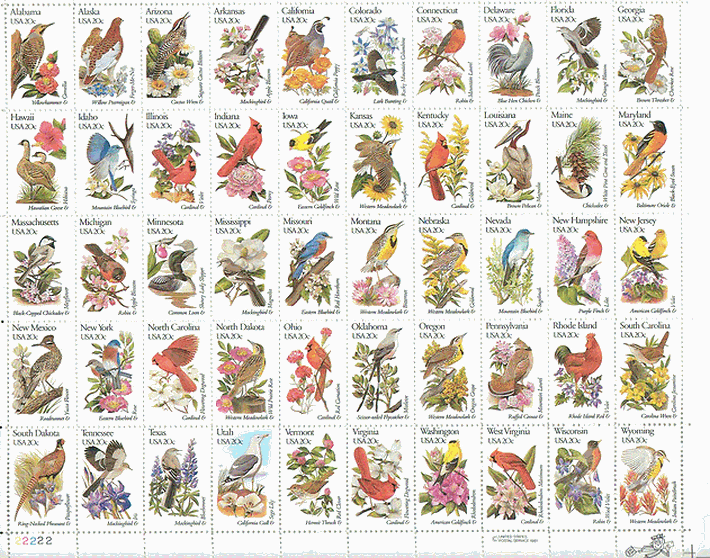 アメリカ合衆国の各州の花と鳥（1982年に、各州を代表する鳥と花を描いた切手５０種が大型シートとして発行）